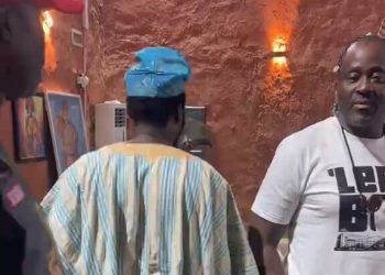 Nollywood actor and Lagos lawmaker Desmond Elliot is pictured on a movie set alongside Ibrahim Chatta, following his defeat in the APC primary election for the Surulere Constituency I seat.