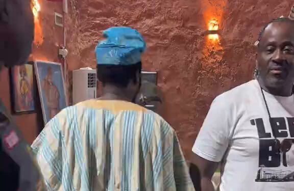 Nollywood actor and Lagos lawmaker Desmond Elliot is pictured on a movie set alongside Ibrahim Chatta, following his defeat in the APC primary election for the Surulere Constituency I seat.