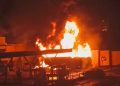 A view of the tanker explosion at the AYM Shafa filling station in Area 3, Garki, Abuja, which injured three firefighters.