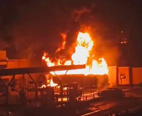 A view of the tanker explosion at the AYM Shafa filling station in Area 3, Garki, Abuja, which injured three firefighters.