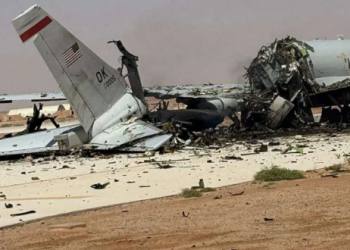 A damaged US Boeing E-3 Sentry airborne warning and control aircraft following an Iranian strike at Prince Sultan Air Base in Saudi Arabia on March 29, 2026