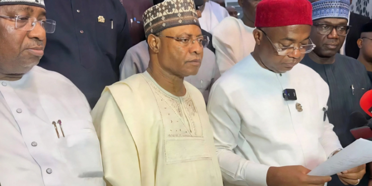 APC governors at a meeting where they reject political alliances that could undermine President Tinubu and the party’s candidates in 2027