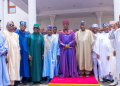 Oba of Benin, Ewuare II, poses with members of the APC Presidential Campaign Council during their visit to the Benin Palace ahead of the 2027 election.