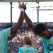 Barcelona's Lamine Yamal celebrates with Raphinha after scoring his side's second goal in the La Liga match against Levante