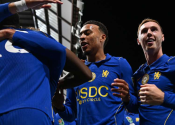 Chelsea players celebrating goal against Leeds