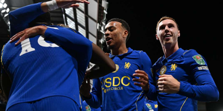 Chelsea players celebrating goal against Leeds