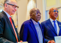 President Bola Tinubu, Ogun State Governor Dapo Abiodun and DP World Group CEO Yuvraj Narayan at the signing of the $7bn-plus MoUs for the Gateway Deep Sea Port and Blue Marine Special Economic Zone in Paris, France.