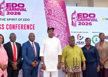 Edo Commissioner for Finance, Emmanuel Okoebor and members of the Inter-Ministerial Planning Committee for Edo Carnival 2026, at the carnival’s press conference in Lagos, as organizers unveil plans to attract 100,000 participants and generate more than ₦1 billion in economic activity