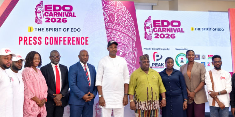 Edo Commissioner for Finance, Emmanuel Okoebor and members of the Inter-Ministerial Planning Committee for Edo Carnival 2026, at the carnival’s press conference in Lagos, as organizers unveil plans to attract 100,000 participants and generate more than ₦1 billion in economic activity