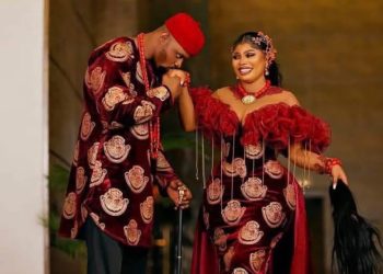 Evan Okoro and her husband, Erikife Fabian Chibuzor, during their traditional marriage ceremony.
