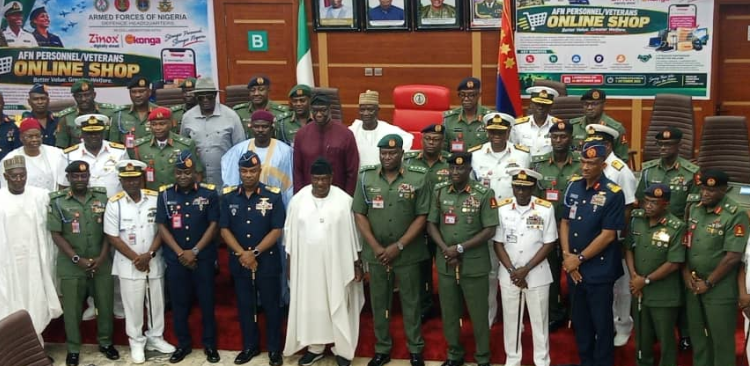 SGF George Akume joins Defence Headquarters and private-sector representatives at the launch of the AFN Personnel Online Discount Shop in Abuja.