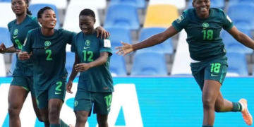 Nigeria’s Falconets celebrate their 3-0 victory over England as they advance to the quarter-finals of the 2026 FIFA U-20 Women’s World Cup in Poland.