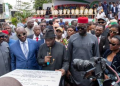 Former President Goodluck Jonathan at the foundation-laying and fundraising ceremony for the proposed Secretariat Complex of the Bayelsa State Association of Retired Permanent Secretaries in Yenagoa, Bayelsa State.
