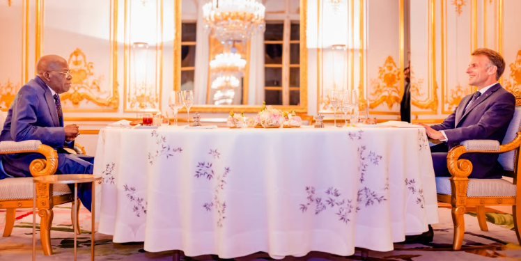 President Bola Tinubu and French President Emmanuel Macron during a private dinner at the Élysée Palace in Paris, France.