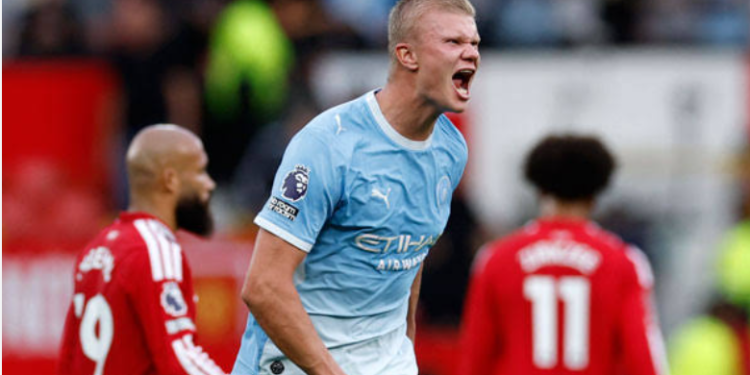 Haaland celebrates goal against Manchester United