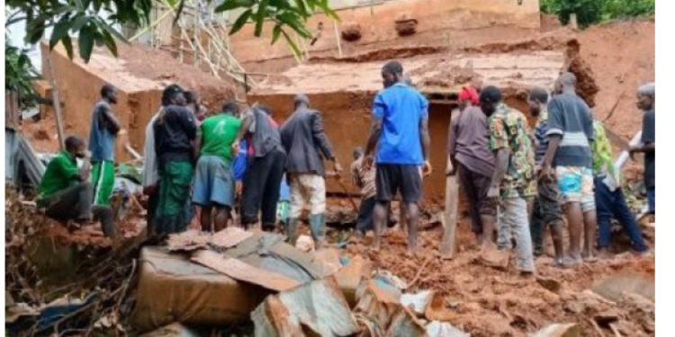 The debris of a building which collapsed at Nenwenta community, Awgu Local Government Area of Enugu State, following torrential rainfall and landslides in the area.