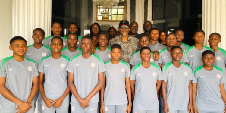 NFF acting General Secretary Emmanuel Ikpeme with Nigeria's Falconets and Flamingos