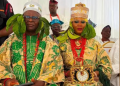 Dr Adesola Adeduntan alongside his wife at the ceremony marking his installation as the new Balogun of Oyo at the Alaafin’s Palace on Saturday.