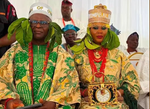 Dr Adesola Adeduntan alongside his wife at the ceremony marking his installation as the new Balogun of Oyo at the Alaafin’s Palace on Saturday.