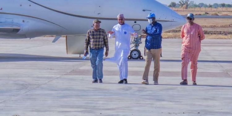 An aircraft and officials at Gusau International Airport ahead of Zamfara’s planned commercial flight operations and installation of internet facilities.