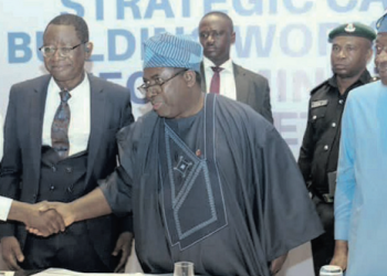 Prof. Adam Sanu; Prof. Salami, Prof. Amupitan and National Commissioner, Prof. Kunle Ajayi, during the workshop in Lagos