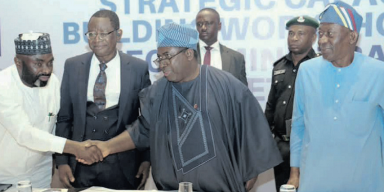 Prof. Adam Sanu; Prof. Salami, Prof. Amupitan and National Commissioner, Prof. Kunle Ajayi, during the workshop in Lagos