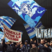 Protesters gather in Leuven during a demonstration over the planned Europa League