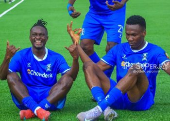 3SC players celebrate lone goal against CS Sfaxien at the MKO Abiola Stadium in CAF Confederation Cup encounter.