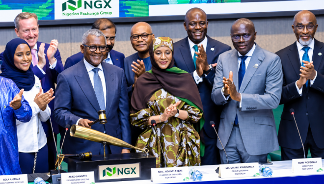 Senior officials and business leaders pose at the Nigerian Exchange, NGX, trading floor during the opening of the Dangote Refinery IPO
