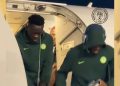Super Eagles players deboard their chartered flight after arriving in Bissau ahead of Tuesday’s AFCON 2027 qualifier against Guinea-Bissau.