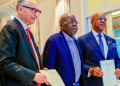 President Bola Tinubu, Ogun State Governor Dapo Abiodun and DP World Group CEO Yuvraj Narayan at the signing of the $7bn-plus MoUs for the Gateway Deep Sea Port and Blue Marine Special Economic Zone in Paris, France.