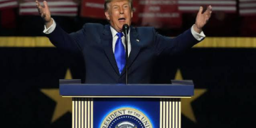 U.S. President Donald Trump speaks at a Republican Party convention in Dallas, where he unveils a proposed $5,000 “Trump dividend” for American adults if Republicans retain control of Congress in the November midterm elections.