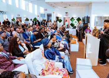 Vice President Kashim Shettima addressing Nigerians in the Diaspora in New York.