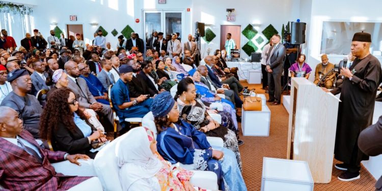 Vice President Kashim Shettima addressing Nigerians in the Diaspora in New York.