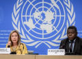 WMO Secretary-General Celeste Saulo and Chief of climate prediction section Wilfran Moufouma-Okia attend a press conference on El Nino update, in Geneva