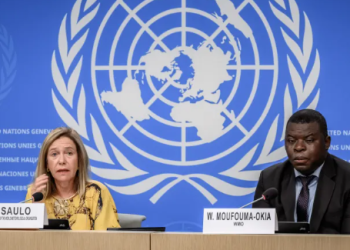 WMO Secretary-General Celeste Saulo and Chief of climate prediction section Wilfran Moufouma-Okia attend a press conference on El Nino update, in Geneva