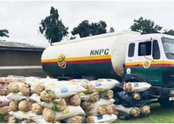 NDLEA operatives display the 20,000-litre fuel tanker and 165 bags of cannabis weighing 2,145kg after the illicit drugs are discovered in a concealed compartment of the vehicle in Ondo State.