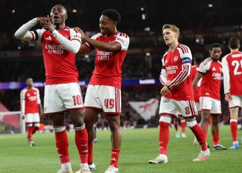 Arsenal players on the pitch during their 3-0 Champions League win over Lille.