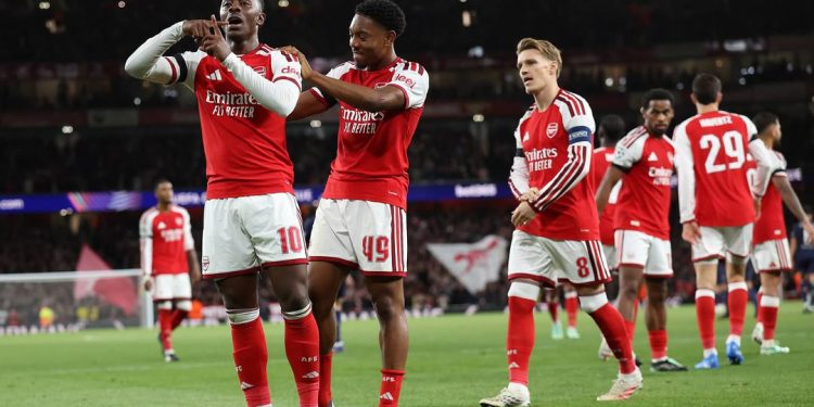 Arsenal players on the pitch during their 3-0 Champions League win over Lille.
