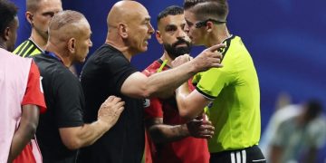 Egypt head coach Hossam Hassan during the 2026 World Cup match against Argentina, following FIFA sanctions over criticism of the refereeing.