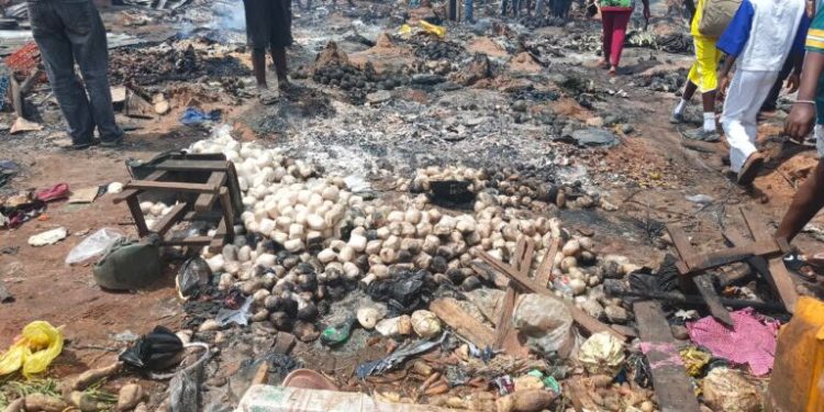 Burnt shops and charred debris at Oluku Market in Benin City, Edo State, following a fire triggered by a fuel tanker explosion.