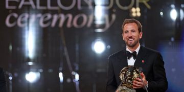 Harry Kane holds the Ballon d’Or trophy after winning the 2026 men’s award at the ceremony in London on October 26.