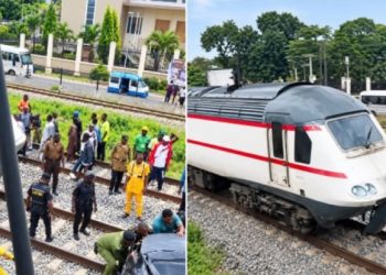 Motorist escapes as train wrecks car in Lagos