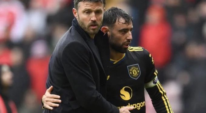 Manchester United head coach Michael Carrick and captain Bruno Fernandes, who reportedly held talks to resolve tensions following the club’s defeat to Bournemouth.