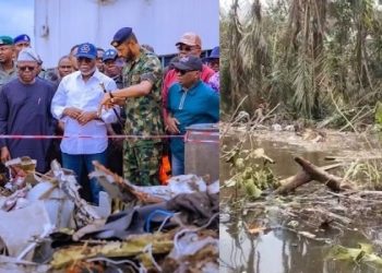 Ondo State Governor Lucky Aiyedatiwa visits the Igbokoda air crash site following the Nigerian Air Force aircraft accident.