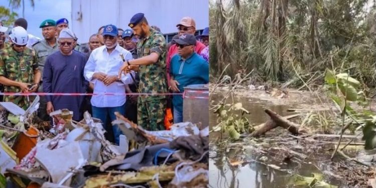 Ondo State Governor Lucky Aiyedatiwa visits the Igbokoda air crash site following the Nigerian Air Force aircraft accident.