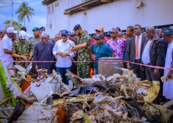 Ondo State Governor Lucky Aiyedatiwa during a visit to the site of the Nigerian Air Force ATR 42 aircraft crash at Igbokoda on October 5, 2026