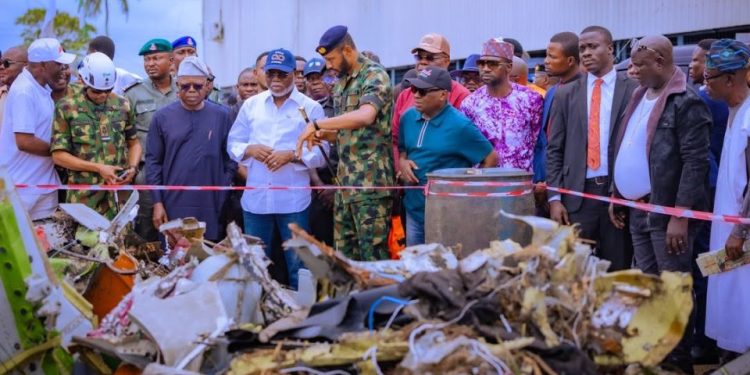 Ondo State Governor Lucky Aiyedatiwa during a visit to the site of the Nigerian Air Force ATR 42 aircraft crash at Igbokoda on October 5, 2026