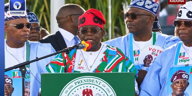 Bola Tinubu addresses supporters at the APC presidential campaign flag-off rally in Kaduna, where he blames opposition leaders for Nigeria’s hunger and poverty.( Photo credit:)