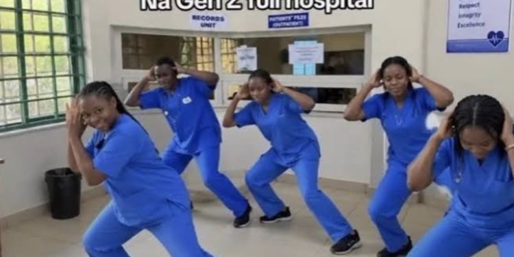 A screenshot of the nursing students in the viral video